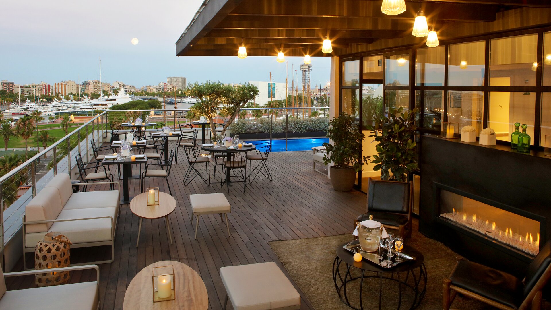 Rooftop Atardecer with seating and fireplace