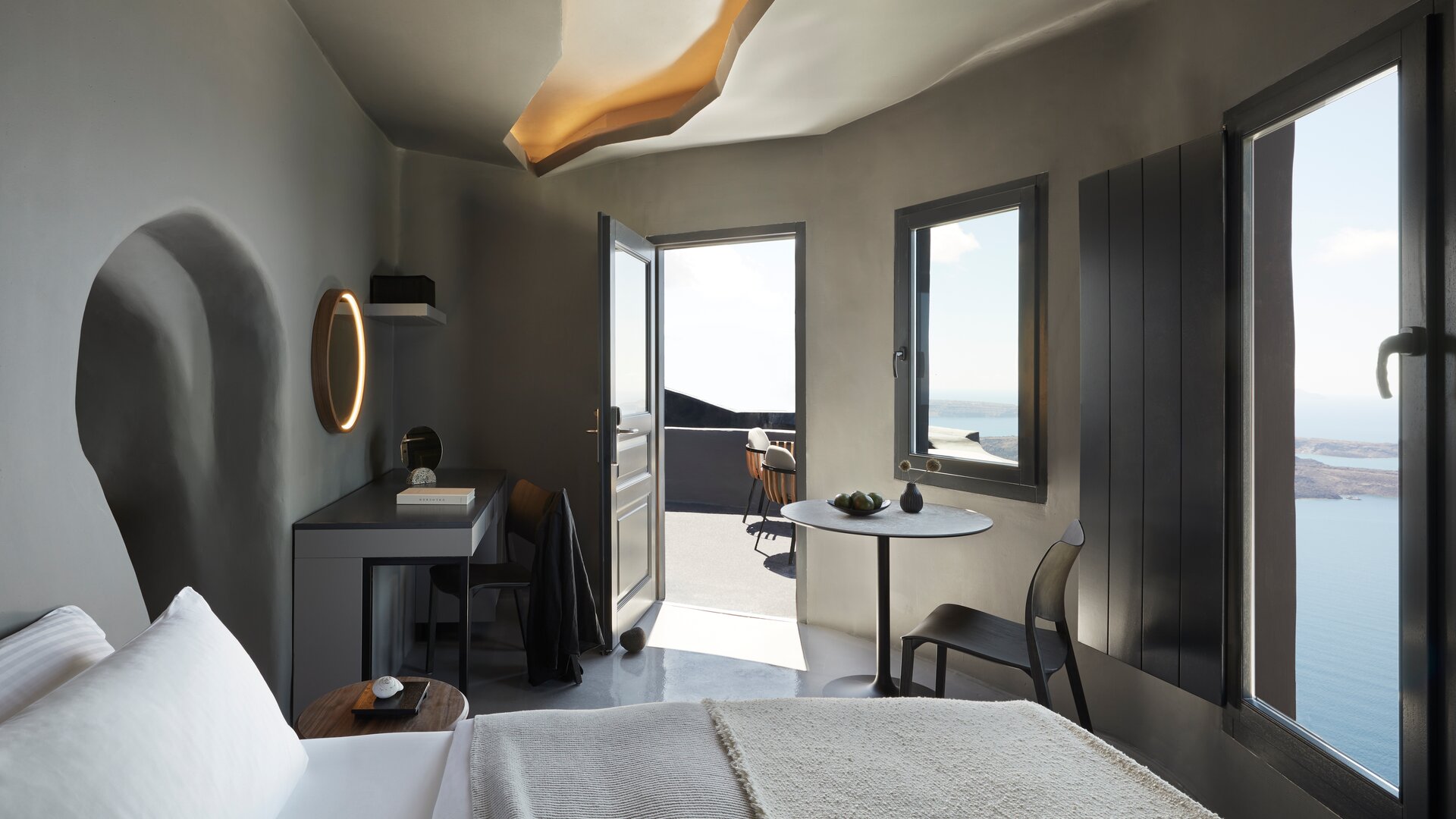Caldera Guest Room Sunset View with Heated Plunge Pool | Bed Area with View & Exit to Terrace