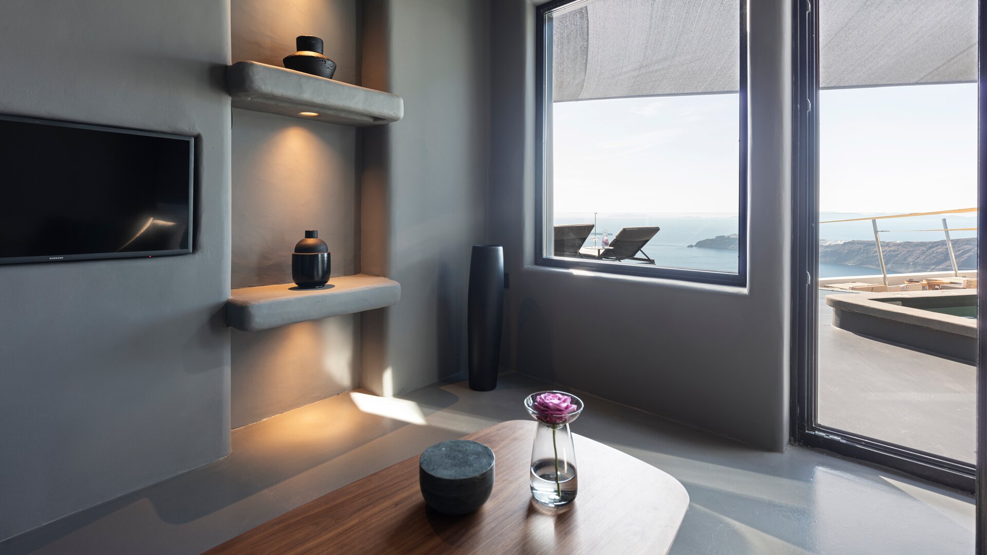 Solar Two Bedroom Villa with Heated Plunge Pools | Living Area View to Terrace
