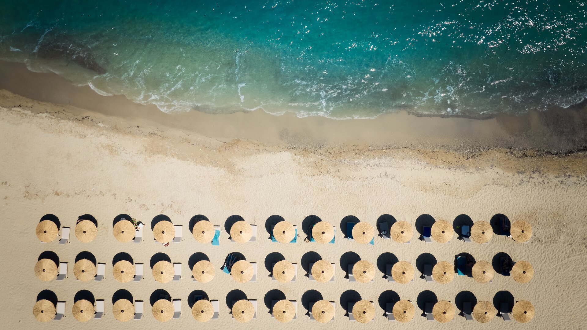 Aerial View of Beach and Parasols