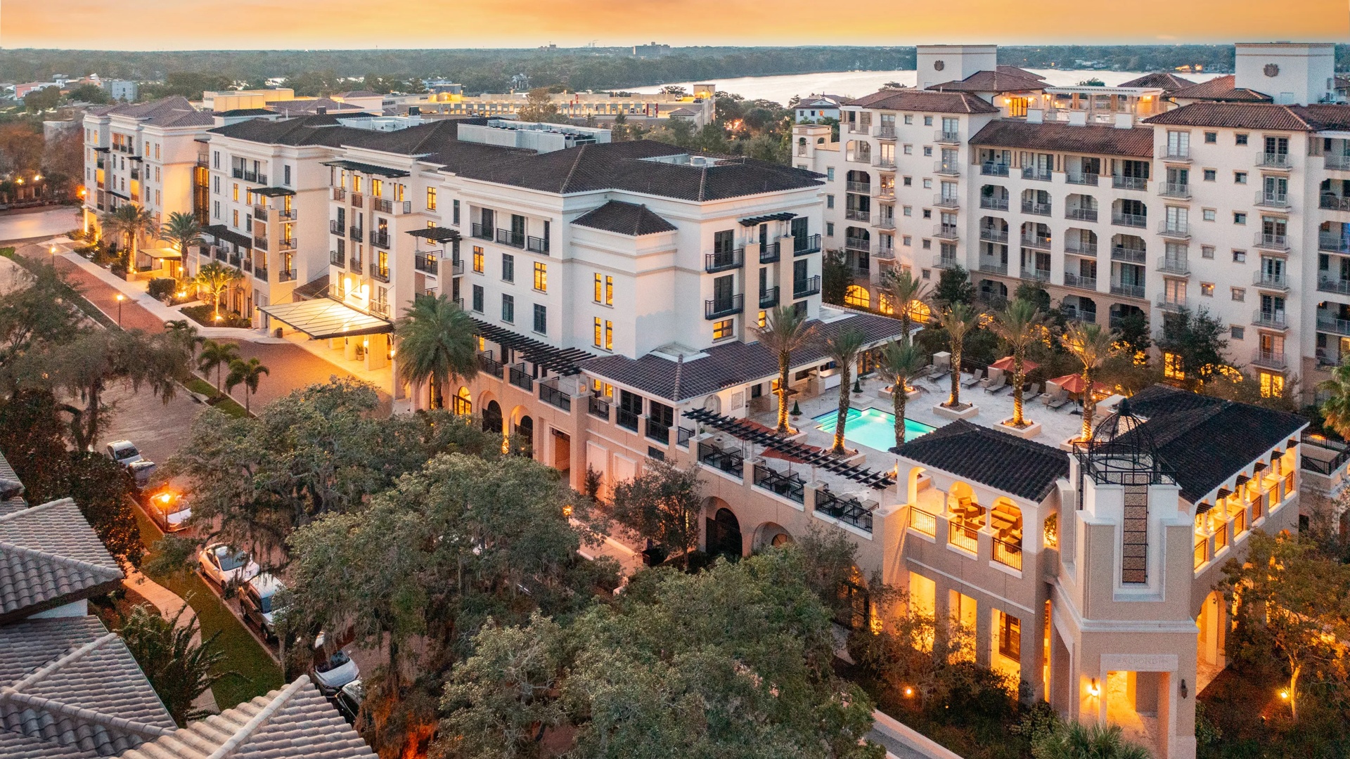 Aerial View of Exterior and Rooftop Pool