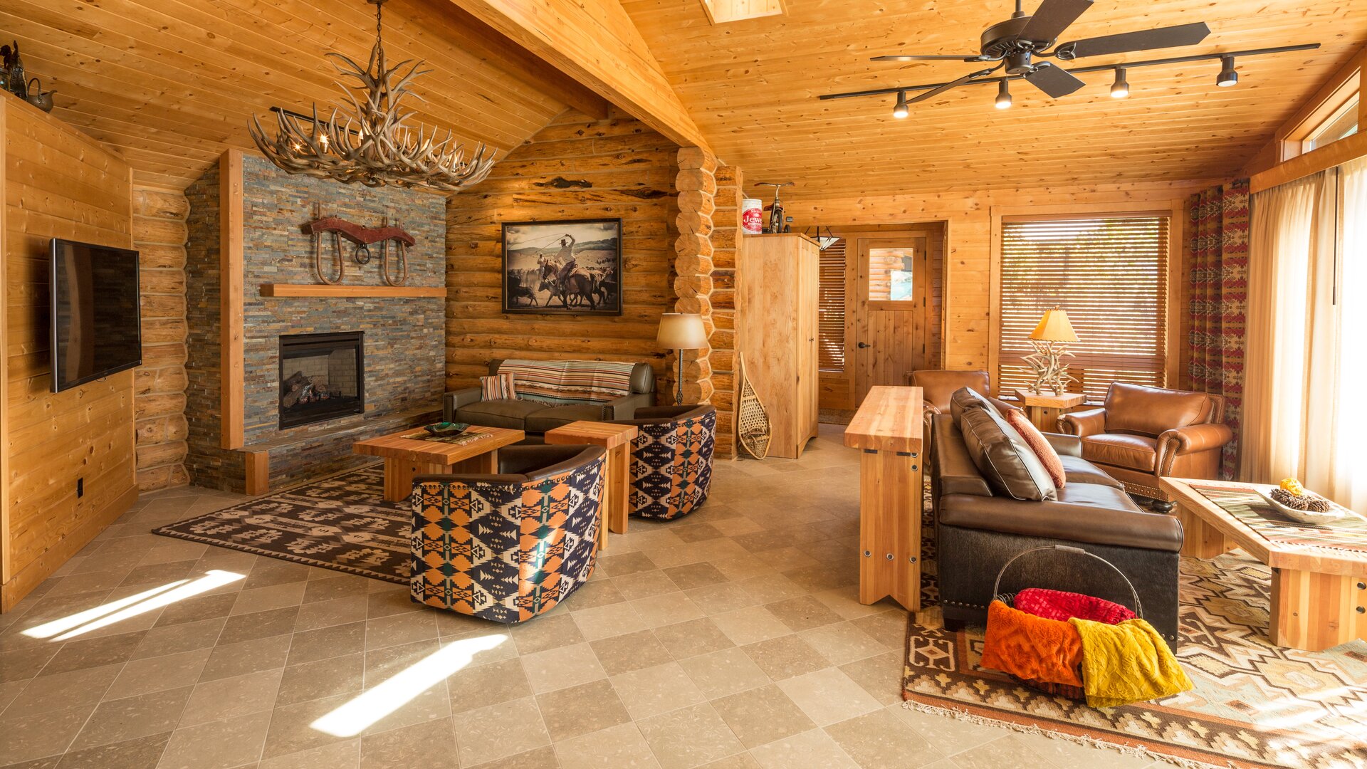 Lakeside Log Cabin Living Spaces with Fireplace