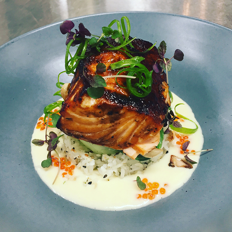 Chef Michael's Black Garlic Glazed King Salmon dish at Cavallo Point.