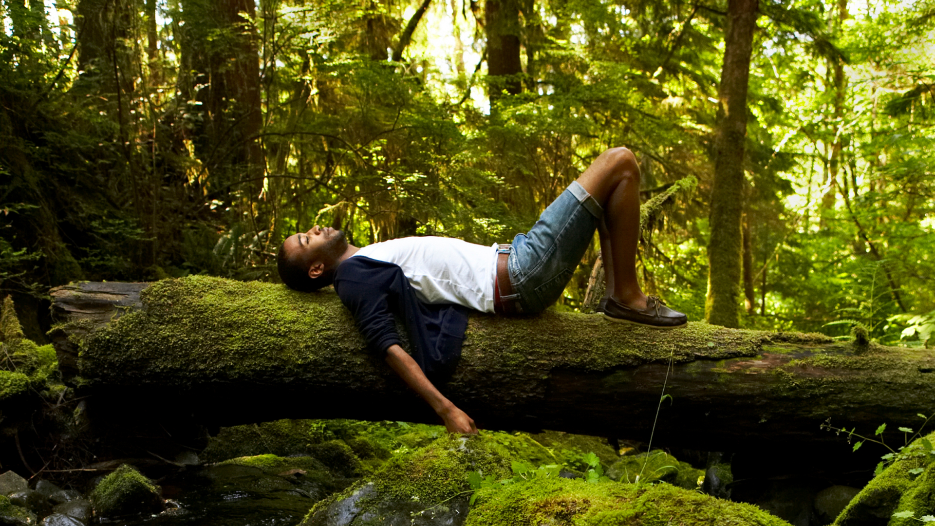 man lying on log