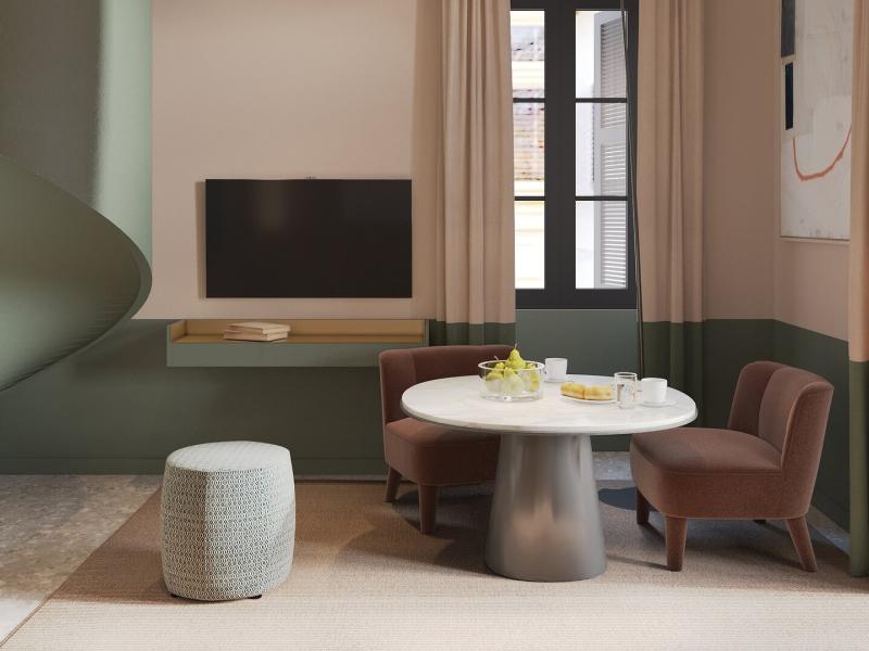 Suite A Dining Space with Corner Spiral Staircase