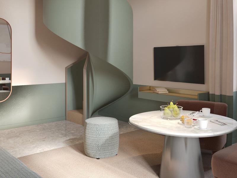 Suite A Dining Area with Corner Spiral Staircase