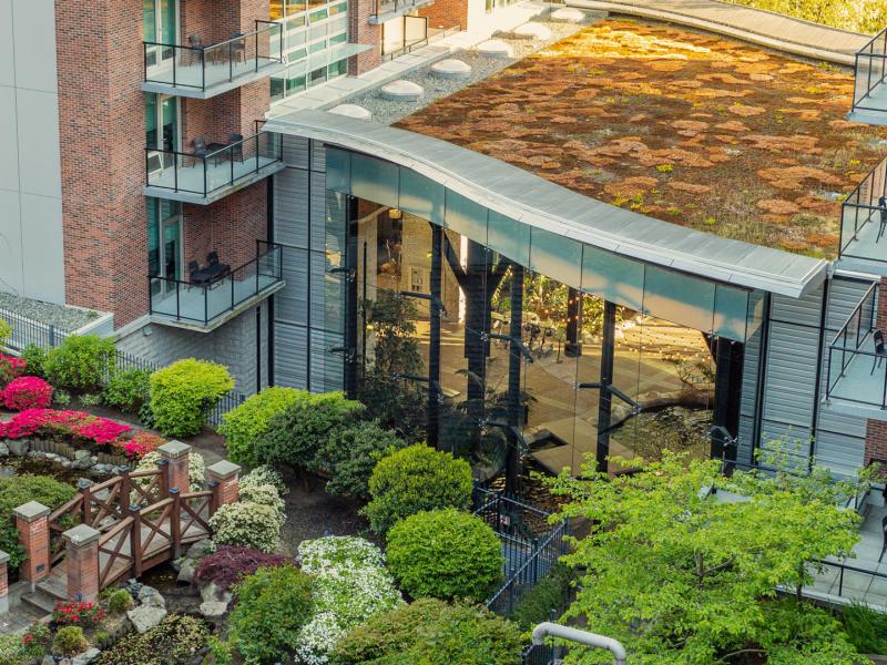 The contemporary architecture features a sustainable green roof and beautifully landscaped terraces for an eco-friendly experience.