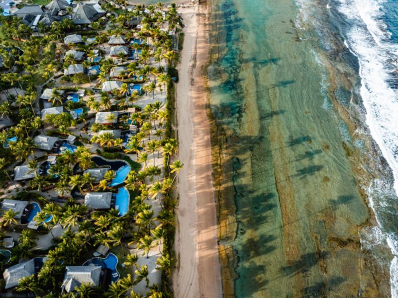 Stunning aerial view of NANNAI Muro Alto tropical beachfront lined with lush green palm trees and turquoise pools, accented by sandy beige shores and deep blue ocean waves.
