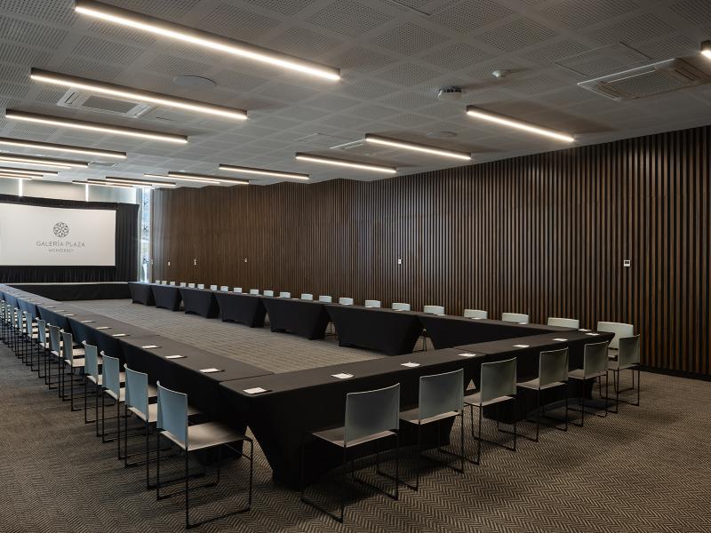 Conference room set in boardroom style with long table and presentation screen at Galeria Plaza Monterrey.