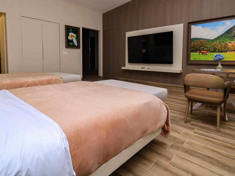 A modern Double-Queen guest room features plush beds, a wall-mounted TV, and a sleek work desk, accented with warm beige, soft blush, and touches of golden yellow.