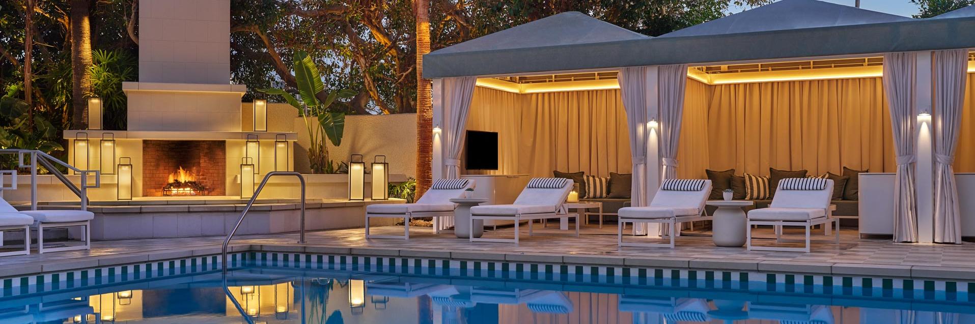 Pendry Newport Beach Pool and fireplace