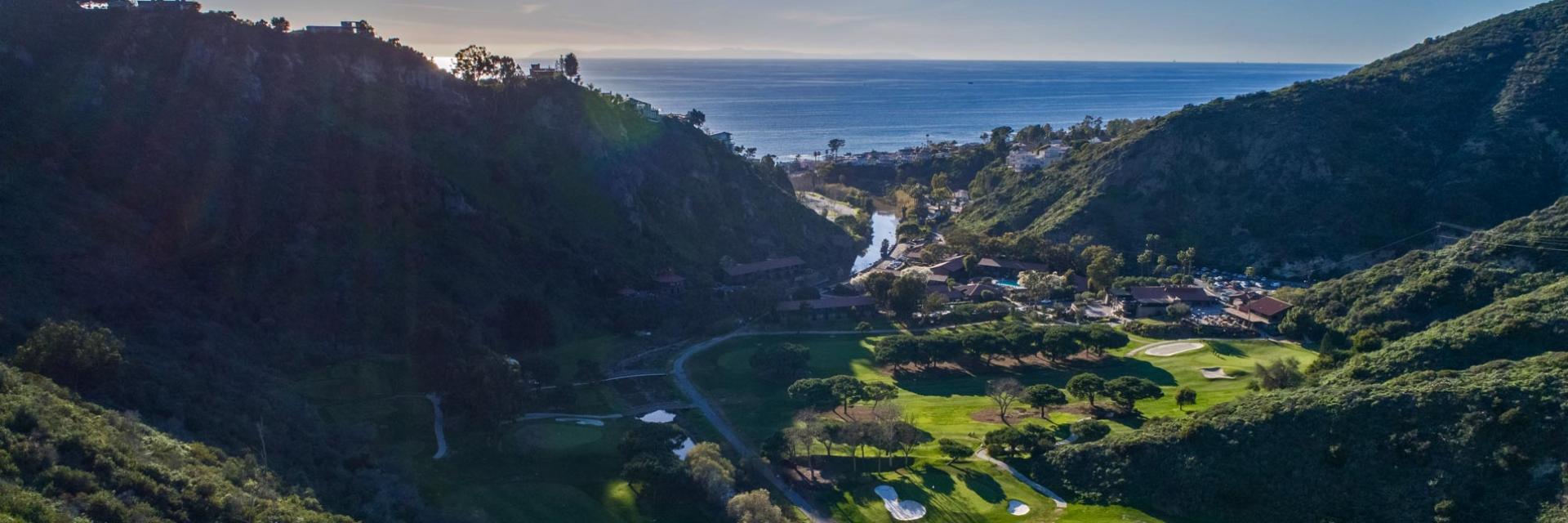 Aerial view of The Ranch at Laguna Beach, with the Pacific Ocean.