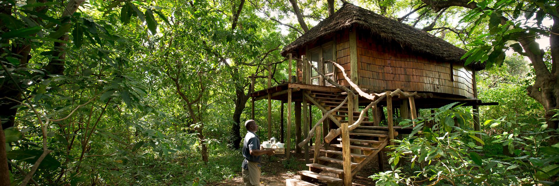 andBeyond Lake Manyara Tree Lodge Treehouse Suite Exterior and Butler with refreshments.